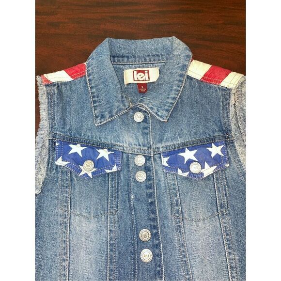 L.e.i. Button Up American Flag Devin Denim Cropped Vest Size Small - Picture 2 of 6